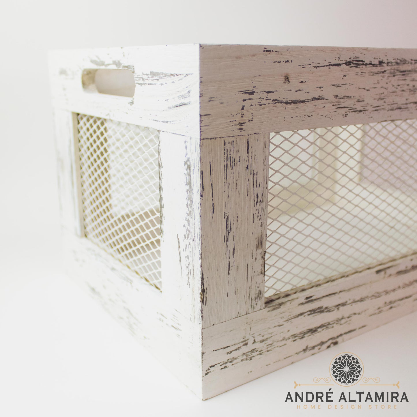CANASTA DE MADERA BLANCA CON GRIS 33CM X 21CM X 18CM