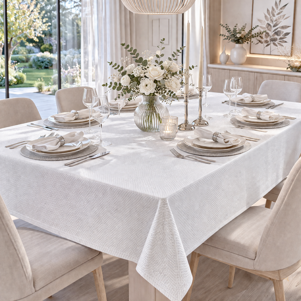 COBERTOR DE MESA BLANCO RECTANGULAR CON DESTELLOS PLATEADOS