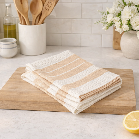 PAÑO DE COCINA COLOR BEIGE CON BLANCO SET X 2