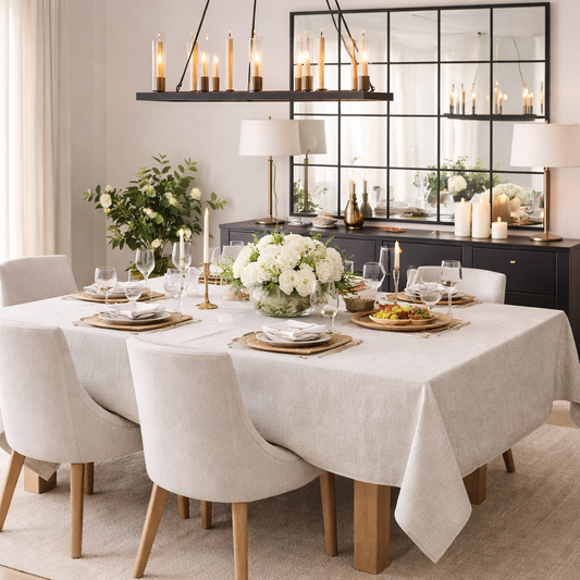 COBERTOR DE MESA RECTANGULAR BLANCO CON DESTELLOS PLATEADOS