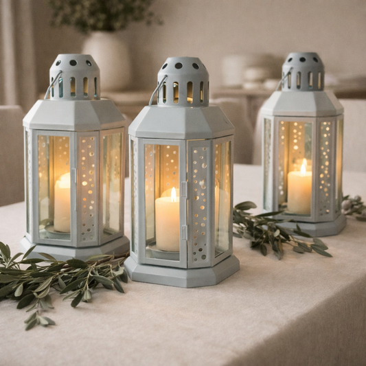 FAROL DE  METAL CELESTE CON VENTANAS DE VIDRIO PARA VELA