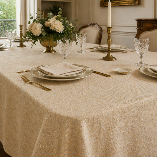 COBERTOR DE MESA RECTANGULAR CCOLOR NUDE CON DESTELLOS DORADOS
