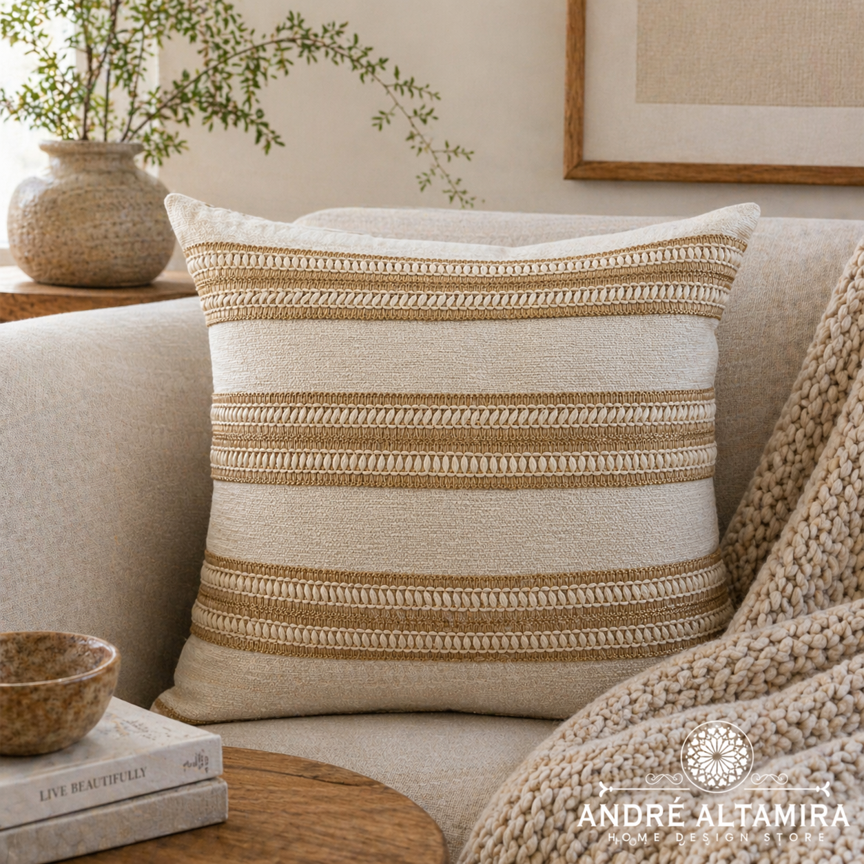 COJIN DECORATIVO REATA BEIGE Y CRUDO