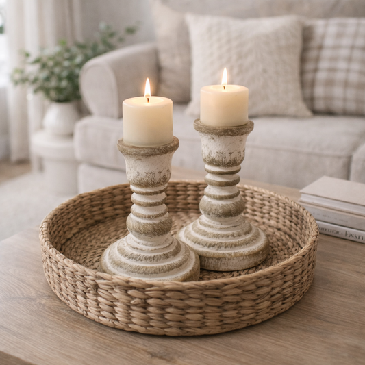 CANDELABRO VINTAGE MADERA Y BEIGE