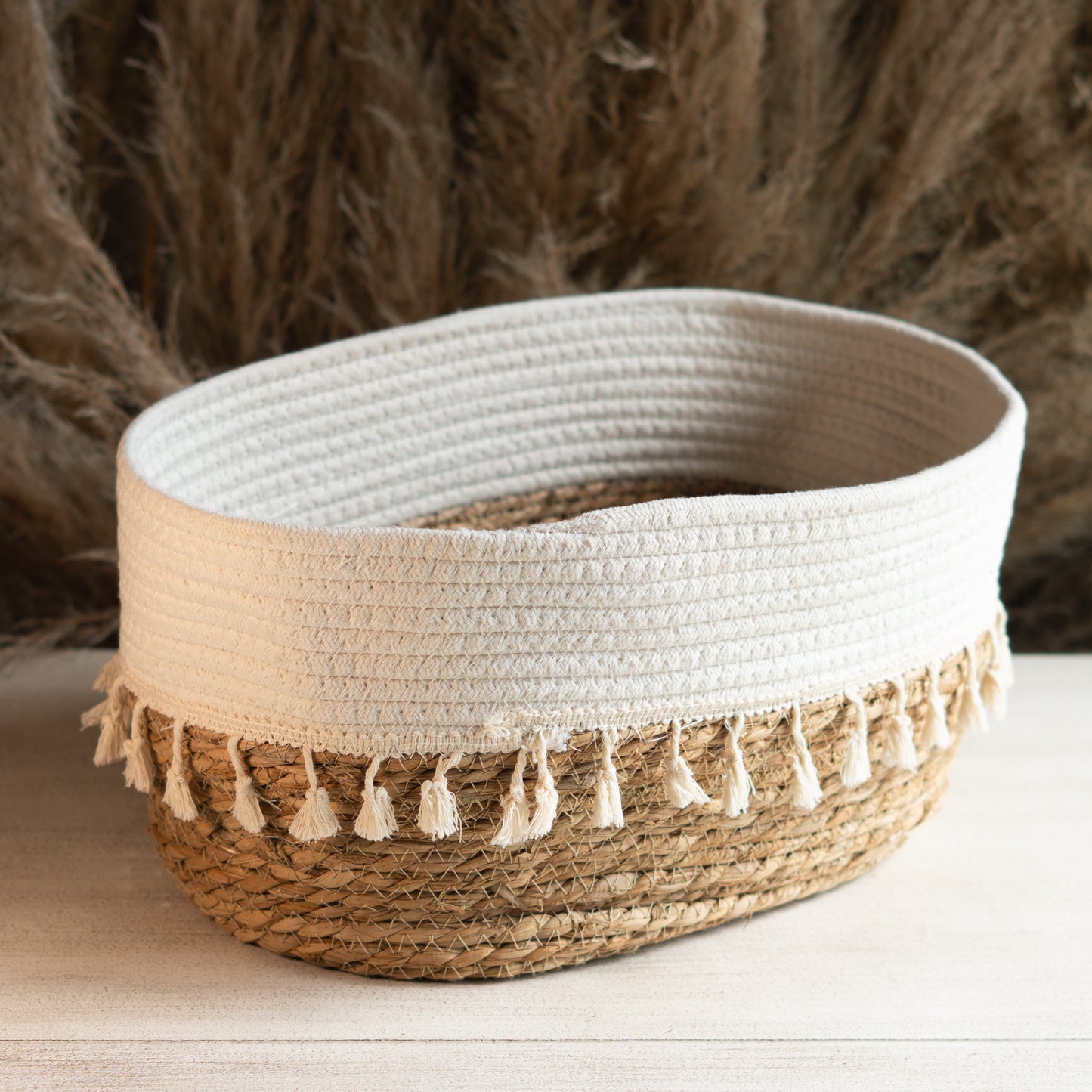 CANASTA DECORATIVA BEIGE CON BLANCO