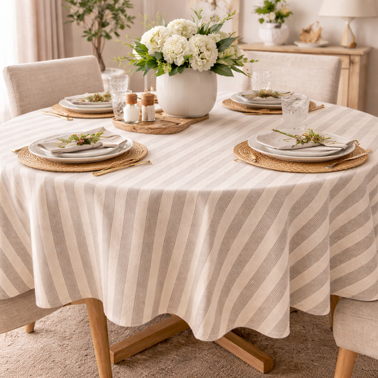 COBERTOR PARA MESA REDONDA DE ALGODON COLOR BEIGE CON GRIS