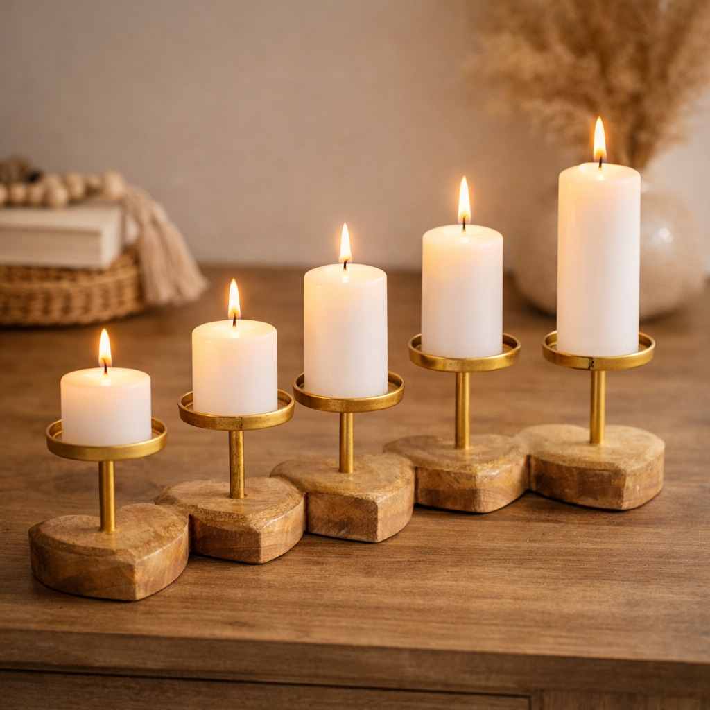 PORTA VELAS DE MADERA EN FORMA DE CORAZÓN