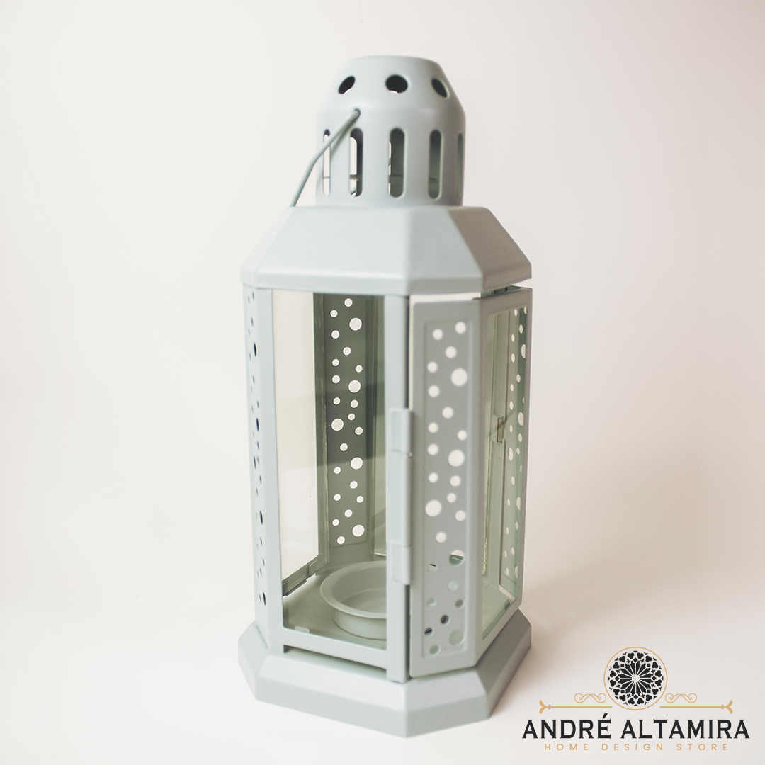 FAROL CELESTE METAL VIDRIO 25,5CM ALTURA