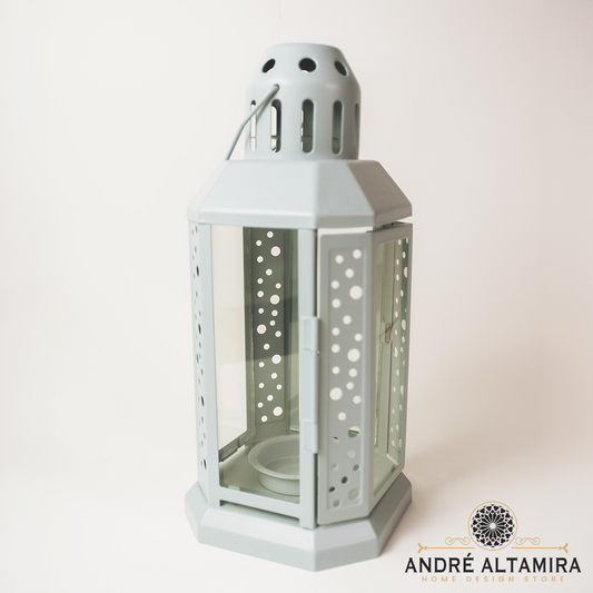 FAROL CELESTE METAL VIDRIO 25,5CM ALTURA